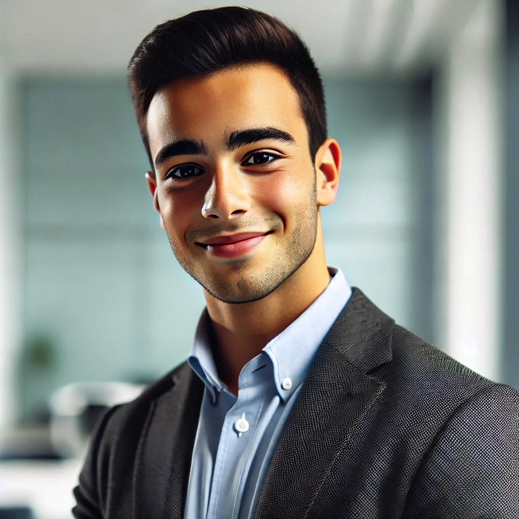 DALL·E 2024-12-15 19.06.26 - A young man of Maghreb descent, in his late 20s, with short black hair and a friendly smile. He is dressed in a smart-casual outfit, standing confiden