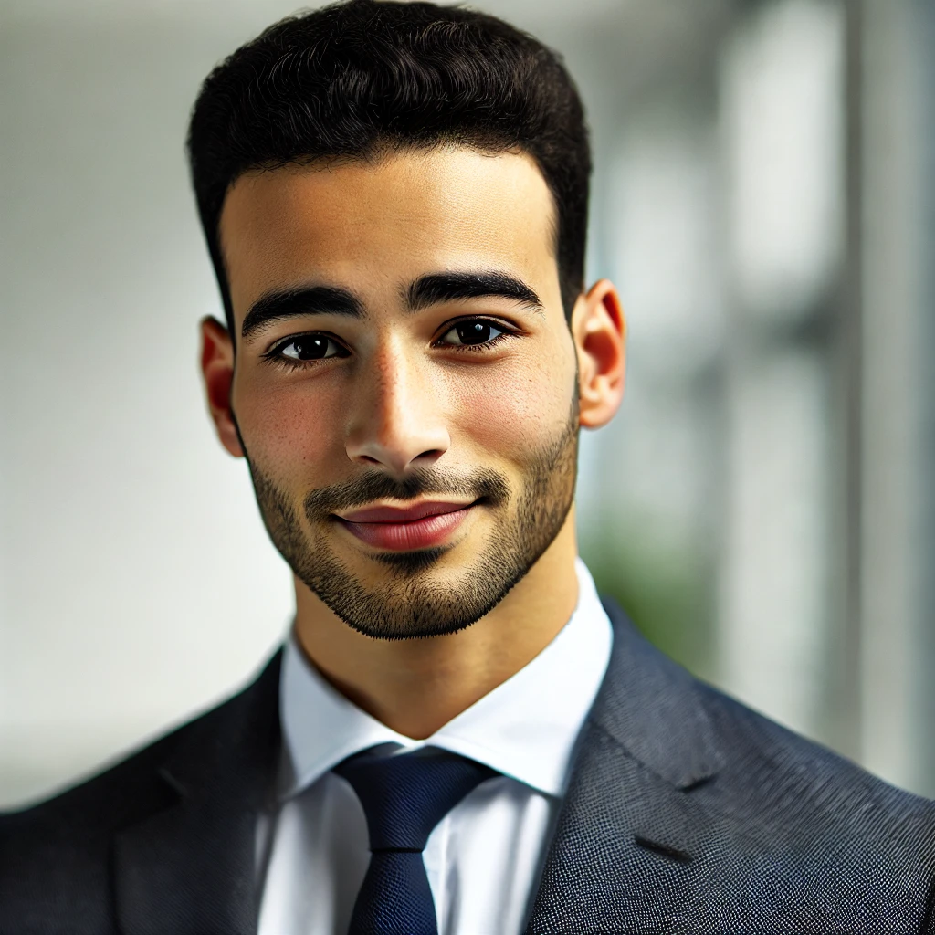 DALL·E 2024-12-15 19.08.03 - A young man of Maghreb descent, in his early 30s, with short black hair and a confident smile. He is dressed in a smart business outfit, exuding profe